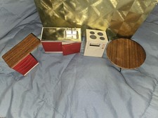 HTF Rare Vtg RED Lundby dollhouse kitchen plastic/wood stove Desk Table snk lot