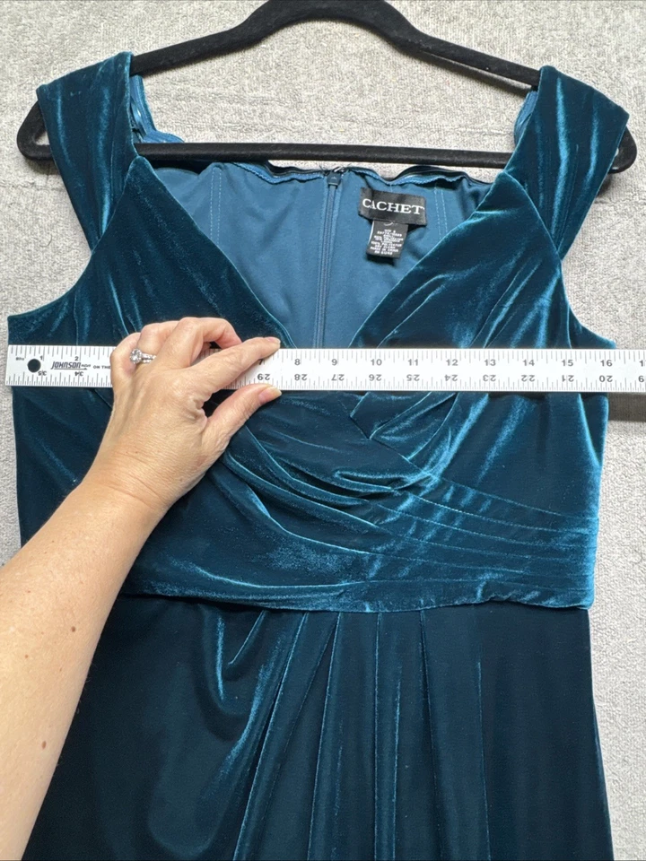 Vintage Peacock Blue Velvet Gown Cachet 90s Evening Formal Maxi Dress 8 - Image 4 of 4