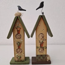 (2) Vtg Handpainted Decorative Birdhouse Design Birds Nest Bees Herbs 8" tall