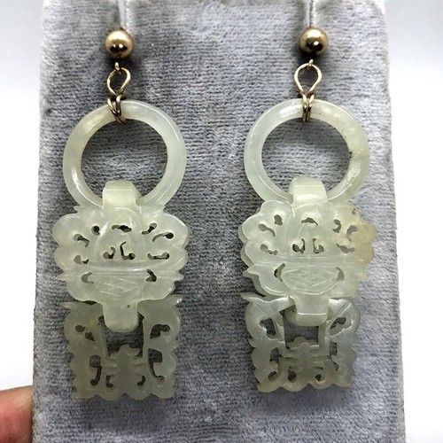 Ancien Chinois Sculpté Devil's Travail Nephrite Jade Boucles 14k or Jaune Pâle - Photo 1 sur 11