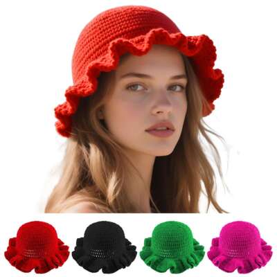 Fashion Women's Crochet Bucket Hat Boho Knitted Beanies Cap Handmade Wave Hat