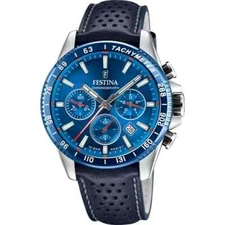 Festina F205613 Mens Blue Leather Straps Chronograph Dial Quartz Wristwatch