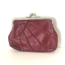 Vintage Leather Coin Purse Kiss Lock Bag Burgundy Red Lining Torn