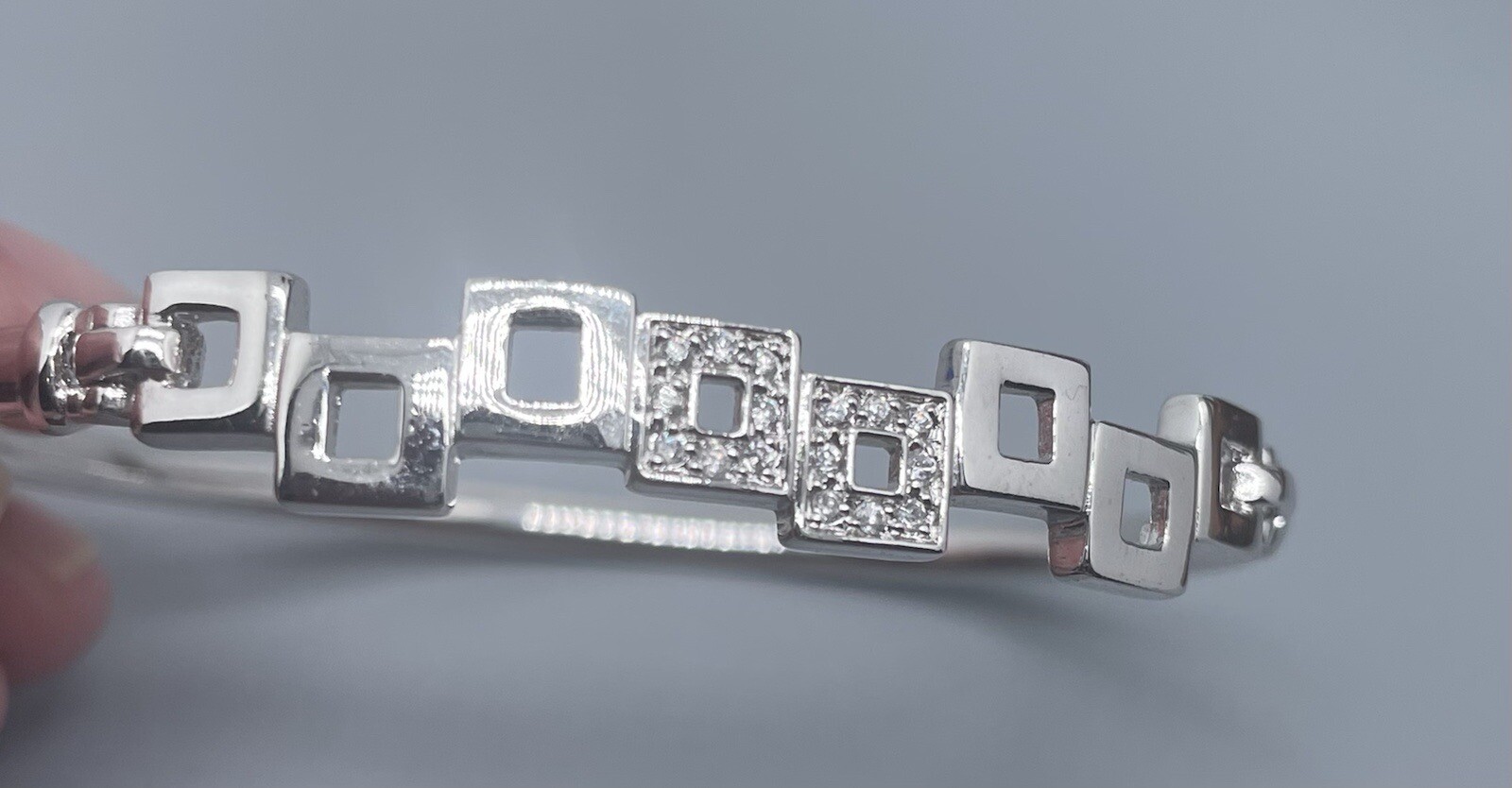 Silver Tone Hook Clasp Square Shape Rhinestone Br… - image 1