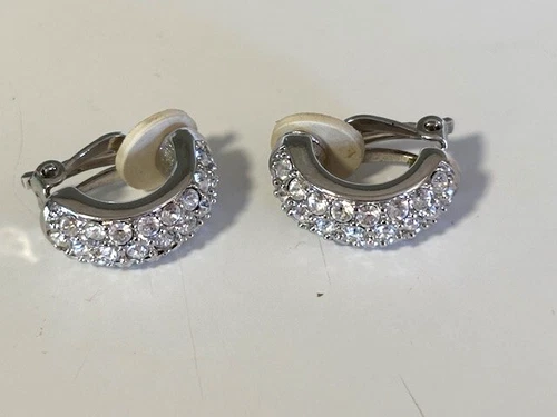 Swarovski Clip On Earrings Silvertone Crystal Wide Half Hoop Drop EUC