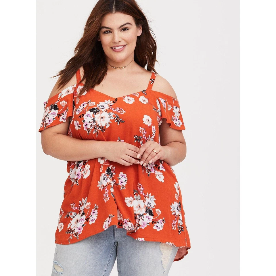Blusa para mujer TORRID 3X (3) naranja floral crepé hombro frío cuello en V top alto-bajo Foto 2 de 4