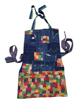 Women's kitchen apron handmade blue denim print pockets cotton S-M New