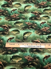 VIP Cranston reprint Bass Perch Fish 100% cotton fabric by the yard 36x44 greens