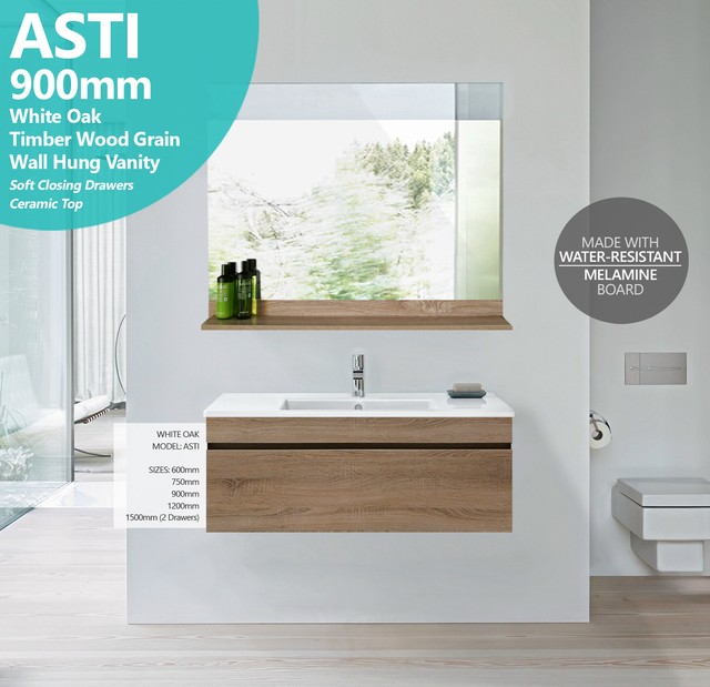 ASTI 900mm White Oak Timber Wood Grain Wall Hung Bathroom Vanity w