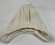 Baby hat white cream winter knit w/ pom pom ear flaps ties 6-12 Months
