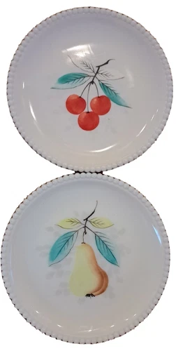 2 Vintage Westmoreland Milk Glass Hand Painted Beaded Edge Plates ~Apple Pear