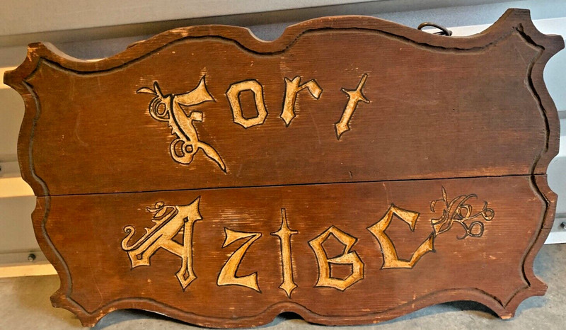 FORT AZTEC HANGING WOOD SIGN 24" X 14" VINTAGE HAND CARVED