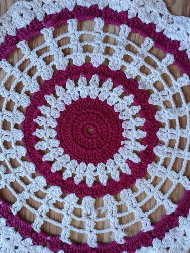 Doily 2 Vintage Handmade Crochet Table Mat Burgundy Cream 12" Mandala Boho Gift - Picture 2 of 9