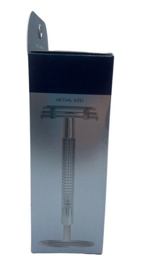 Men's New Boxed Nautica Stainless Steel Safety Razor with Stand and 3 Blades