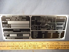 M416 Operational Data Plate for military Trailer M151 M38 M37 CUCV M715 M998 M35