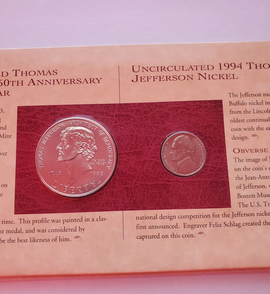 1993 Thomas Jefferson Coin & Currency Set $2 Note Dollar Silver Dollar OGP COA - Image 2 of 4