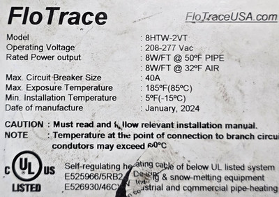 Flo-Trace 8HTW-2VT Self-Regulating Pipe Heating Cable 8 Watts/Ft 240V /10ft