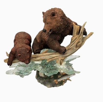 Simpkins Large Grillzy Bear And Cub On Ice With Salmon Resin 