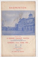 Grand Cricket Match, Badminton House, programme card, 1953, Compton, Edrich, etc