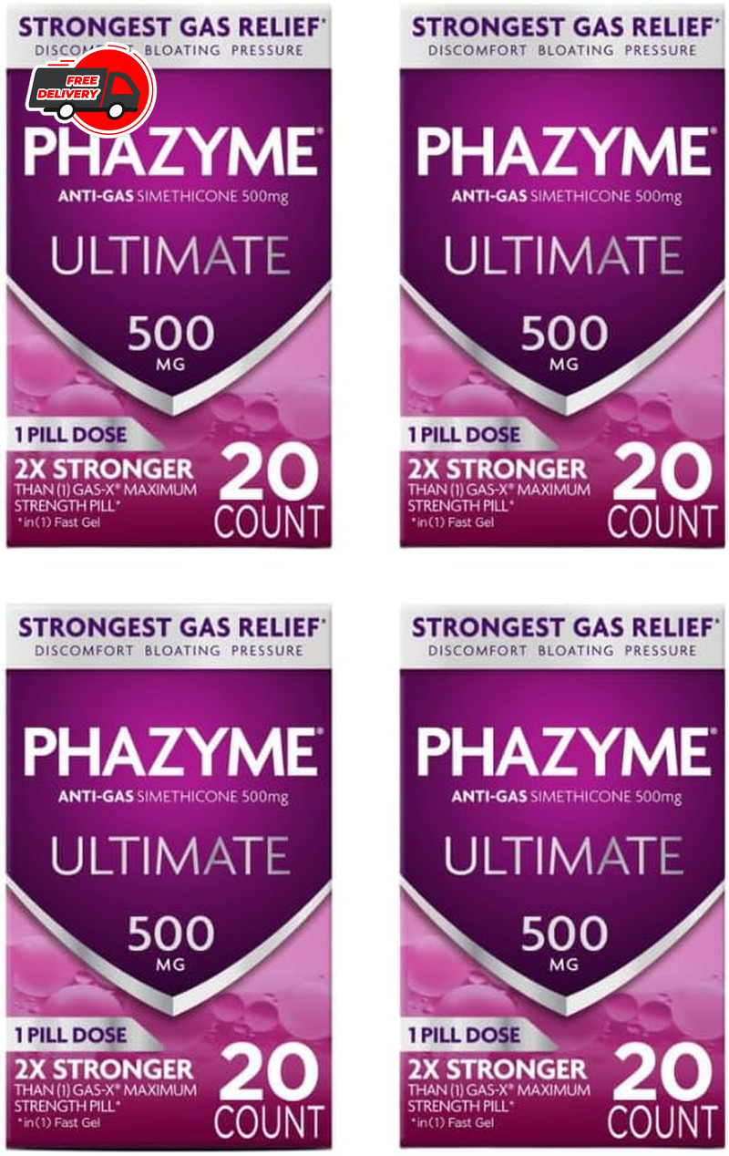Phazyme Ultimate Gas Relief 500Mg Simethicone Fast Gel 20 Count Pack Of 4