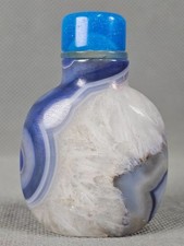 Chinese Handmade Carved Natural White Blue Banded  Agate Snuff Bottle