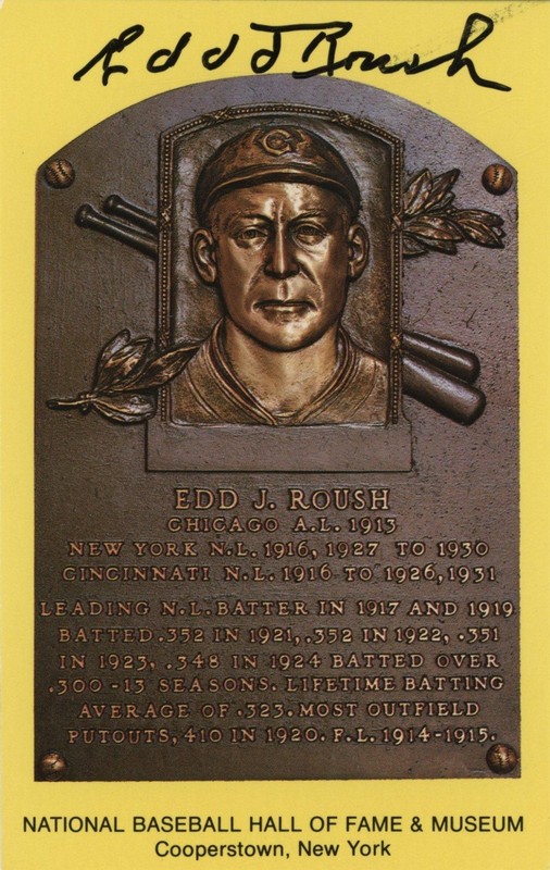 Edd Roush- Signed Hall of Fame Plaque Postcard