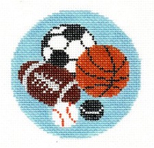 Sports Balls handpainted 18m Needlepoint Canvas 3" Rd. Ornament or Insert by LEE