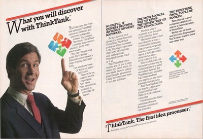 ThinkTank Vintage 1984 2pg Print Ad Personal Computing Software Colorful Logo