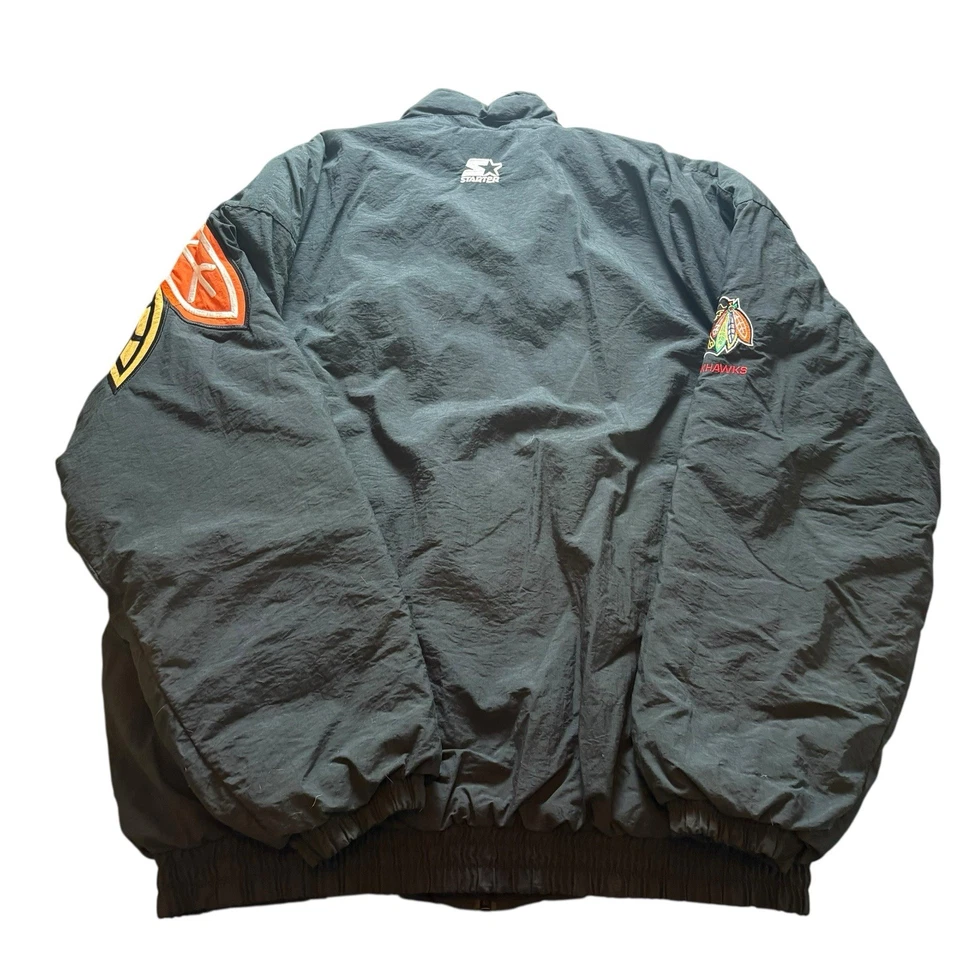 Винтажный большой лицо Chicago Blackhawks НХЛ стартер мужской большой пуховик куртка редкая - Изображение 3 из 4