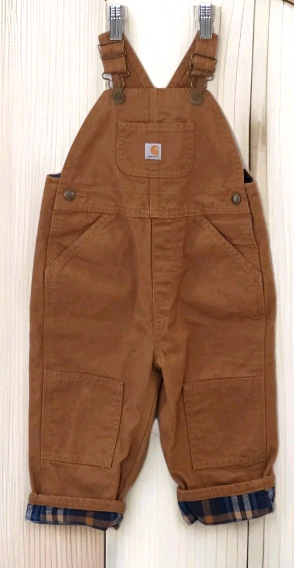 Carhartt Bib Overalls Boys Size 2T Flannel Lined Double Knee Duck Canvas Brown