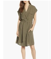 AG Adriano Goldschmied Women's XL Olive Green Surplus Belted Shirt Dress New