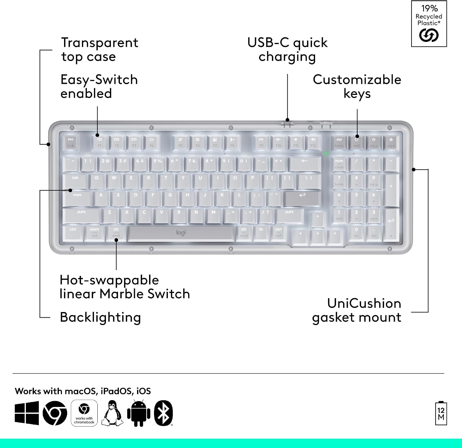 Teclado mecánico inalámbrico Logitech Alto Keys K98M - Blanco hueso, imagen 2