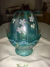 Fenton Glass Fairy Light Stiegel Green Carnival Beaded W/ Hand Painted Floral