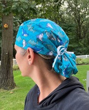 Sharks shark blue ocean ponytail scrub surgical surgery hat OR cap womens