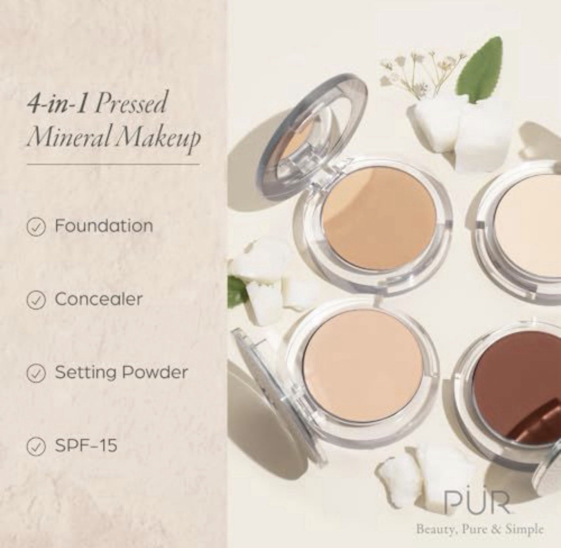 PUR MINERALS ~ 4-IN-1 PRESSED MINERAL MAKEUP ~ LIGHT TAN~ .28 OZ