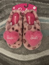 Barbie Fuzzy Pink Heart Slip-On Slippers Size 3.5-4.5