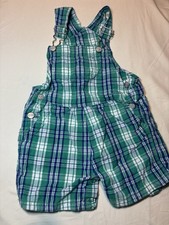 The Children's Place 6-9M Green Blue Plaid Cotton Sleeveless Overall Button