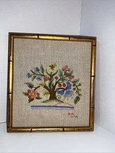 Gorgeous Vintage 1979 Hand Embroidered Flowering Tree In Blue/yellow/green/coral