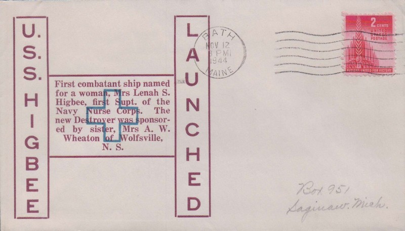 USS Higbee DD 806 Launch Ceremony cover, postmark  Bath ME 1944