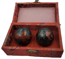 Vintage Chiming Meditation Baoding Balls Cloisonn  Chinese Dragon Red Green Box
