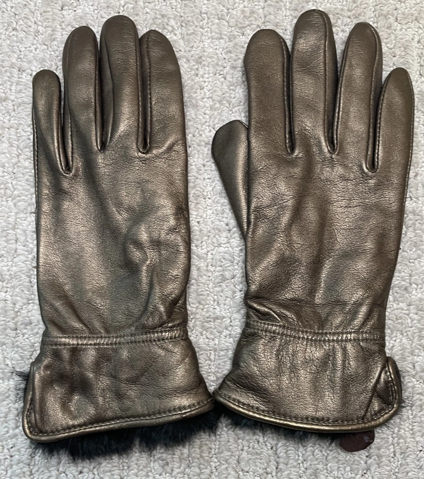 Folio Bronze Leather Gloves Rabbit Fur Cuff Womens 7 Cashmere Wool Lined