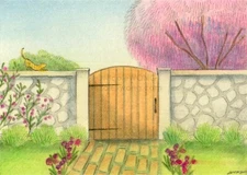 ACEO PRINT - GARDEN GATE - spring nature gardening flowers kitty CAT pets animal