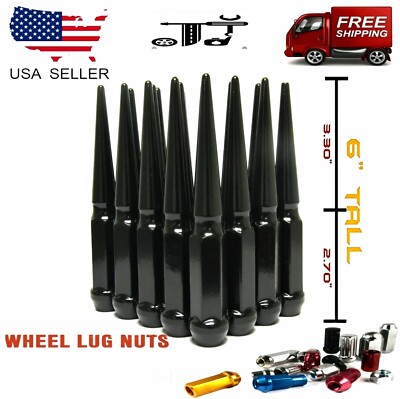 32Pcs Black 6'' Tall M14x1.5 XL Spike Lug Nut+Key Fit 2012-2022 Ram2500 Ram3500