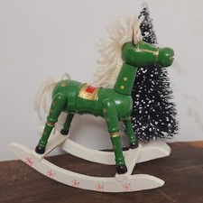 Vintage Wood  Yarn Painted Large Green Christmas Rocking Horse Figurine 6.5"
