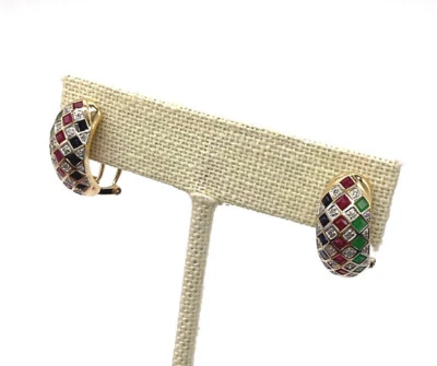 Genuine Emeralds Rubies Sapphires & Diamonds Solid 14k Yellow Gold Clip Earrings - Image 1 of 4