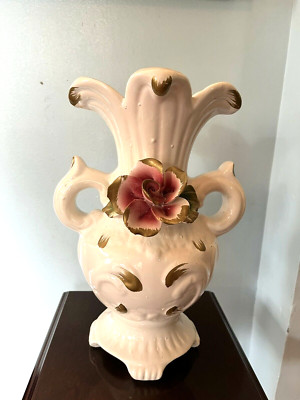 Vintage Nuova Capodimonte White with Pink & Yellow touch Roses Vase-11.5'' H
