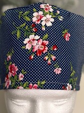 Navy floral pindot  reversible Women's Skull/Chemo Surgical Scrub Hat/Cap Handm