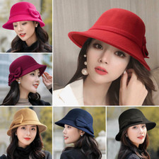 Women Wool Felt Bucket Caps Vintage Plain Bowknot Cloche Church Bowler Hats