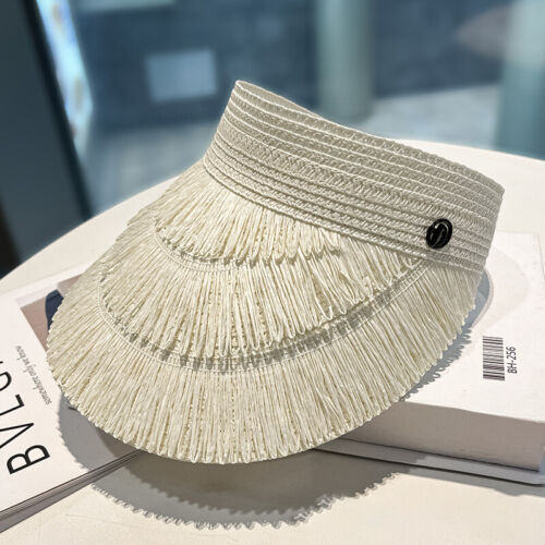 Sunscreen Tassel Straw Hats Women Summer Empty Top Sun Hat Outdoor Beach Hat' - Picture 23 of 23