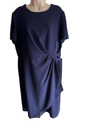 Studio One Sheath Mock Wrap Dress Navy Blue Knee Short Sleeve Back Zip plus 18
